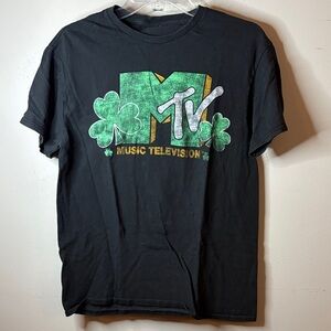 MTV Black Tee with Green & Gold Shamrock Logo